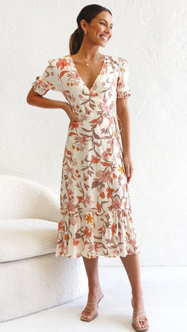 Orange Floral Surplice Midi Dress