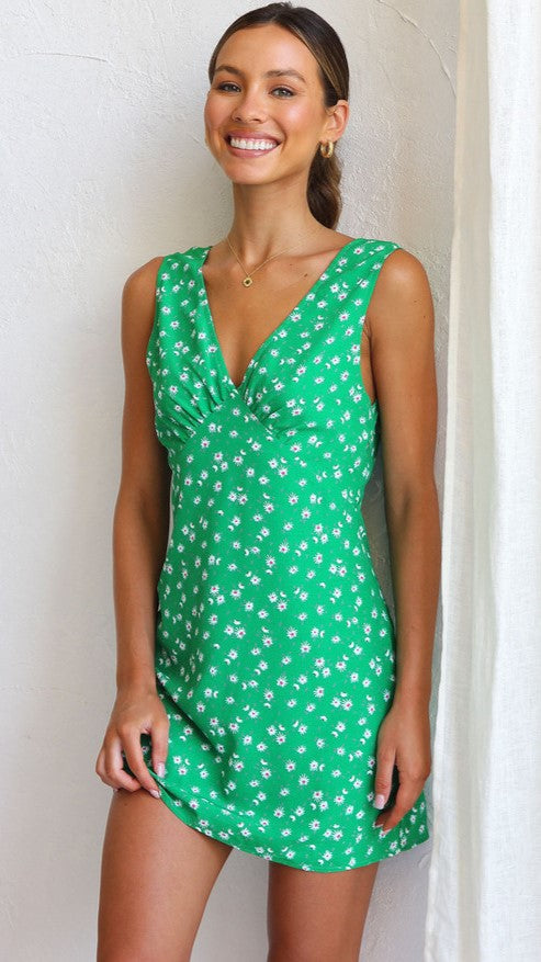 Green Dainty Floral Sleeveless Mini Dress