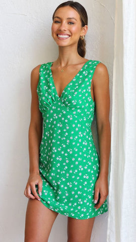 Green Dainty Floral Sleeveless Mini Dress