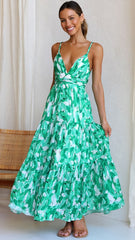 Green Floral V Neck Maxi Dress