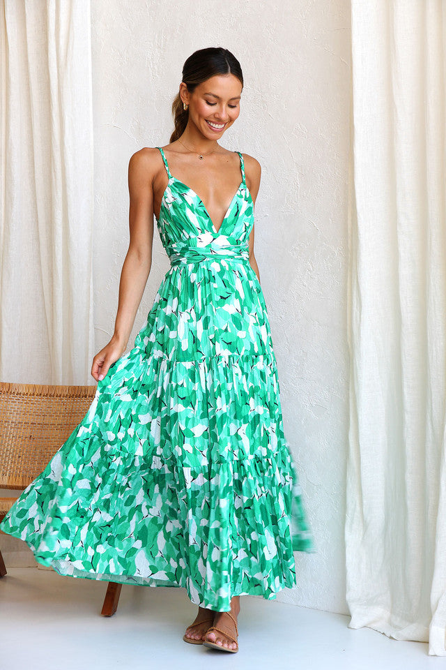 Green Floral V Neck Maxi Dress