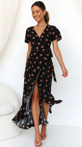 Black Polka Dot Print Midi Dress