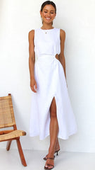 White Cutout Waist Midi Dress