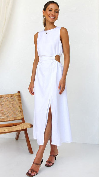 White Cutout Waist Midi Dress