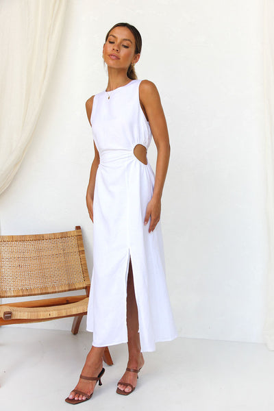 White Cutout Waist Midi Dress