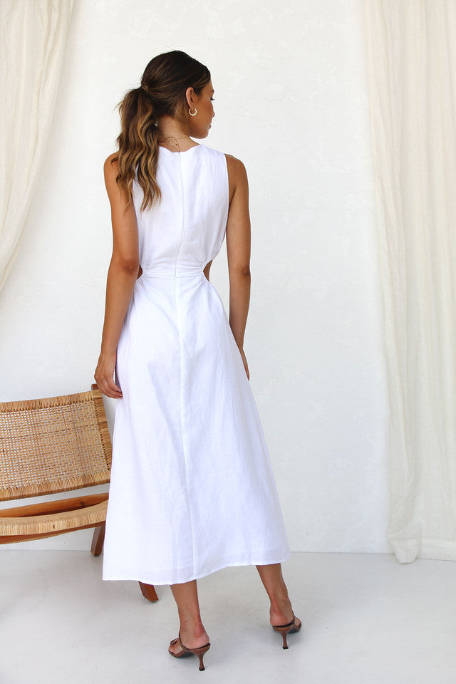 White Cutout Waist Midi Dress