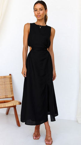 Black Cutout Waist Midi Dress