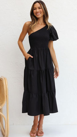 Black One Shoulder Midi Dress