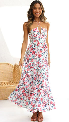 Pink Floral Print Halter Maxi Dress