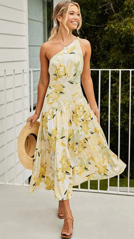 Yellow Floral Foliage Print Midi Dress