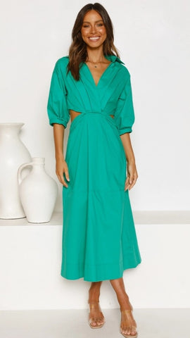 Green Cutout Waist Midi Dress