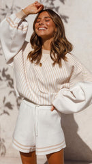 Cream Striped Knit Top and Shorts Matching Sets