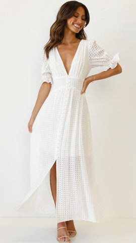 White Crochet Lace Buttoned Midi Dress