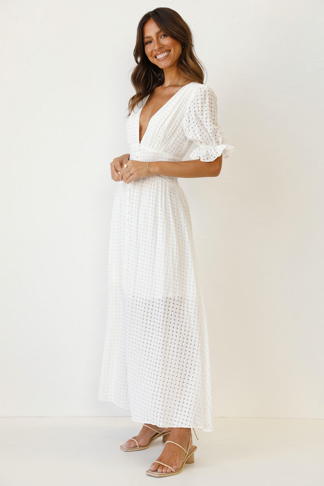 White Crochet Lace Buttoned Midi Dress