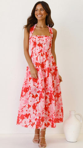 Pink Floral Crossover Back Midi Dress