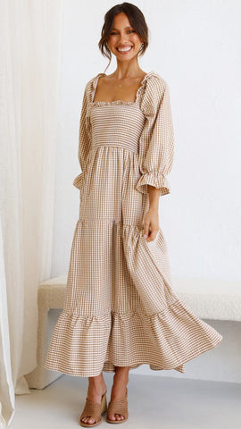 Brown Gingham Print Smocked  Midi Dress