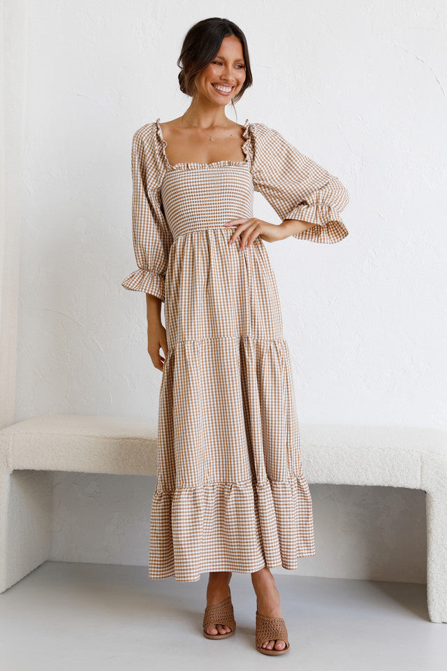 Brown Gingham Print Smocked Midi Dress Gabi Swimwear Brown Gingham Print Smocked Midi Dress Gabi Swimwear