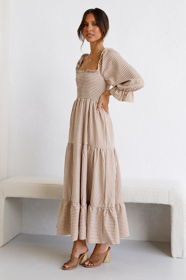 Brown Gingham Print Smocked Midi Dress Gabi Swimwear Brown Gingham Print Smocked Midi Dress Gabi Swimwear