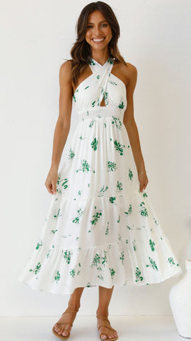 Green Floral Crossover Midi Dress