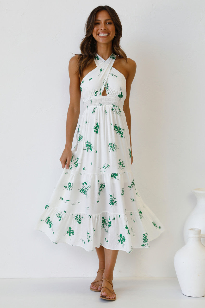 Green Floral Crossover Midi Dress