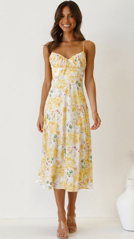 Yellow Floral Slip Midi Dress