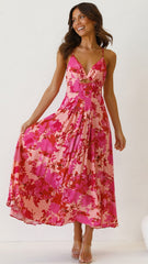 Fuschia Floral Backless Midi Dress
