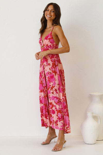 Fuschia Floral Backless Midi Dress