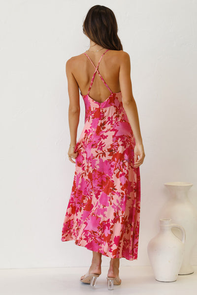 Fuschia Floral Backless Midi Dress