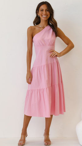 Pink One Shoulder Midi Dress