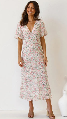 White Floral Back Tie Midi Dress