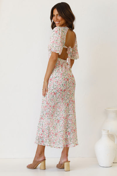 White Floral Back Tie Midi Dress