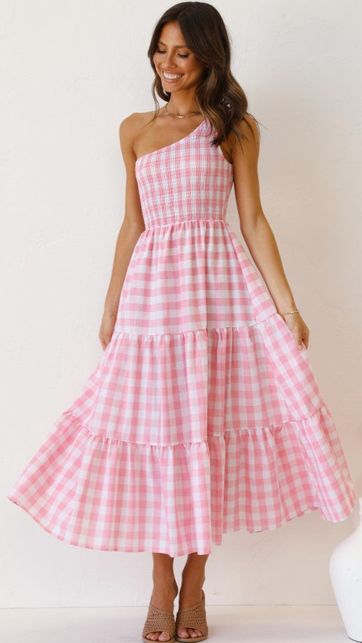 Pink Gingham Print One Shoulder Dress Gabi Swimwear Pink Gingham Print One Shoulder Dress Gabi Swimwear