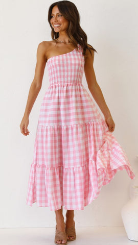 Pink Gingham Print One Shoulder Dress