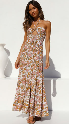 Floral Crossover Halter Midi Dress