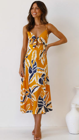 Mustard Bowknot Slip Midi Dress