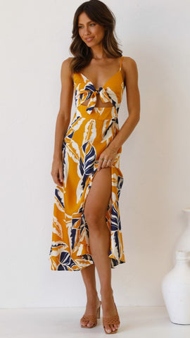 Yellow Floral Print Knot Slip Dress