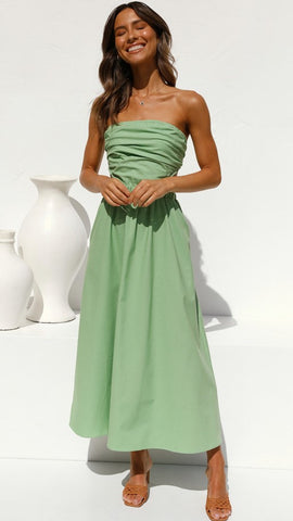 Green Solid Bandeau Midi Dress