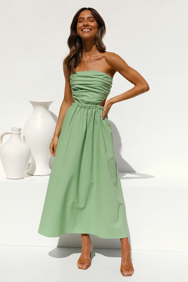 Green Solid Bandeau Midi Dress