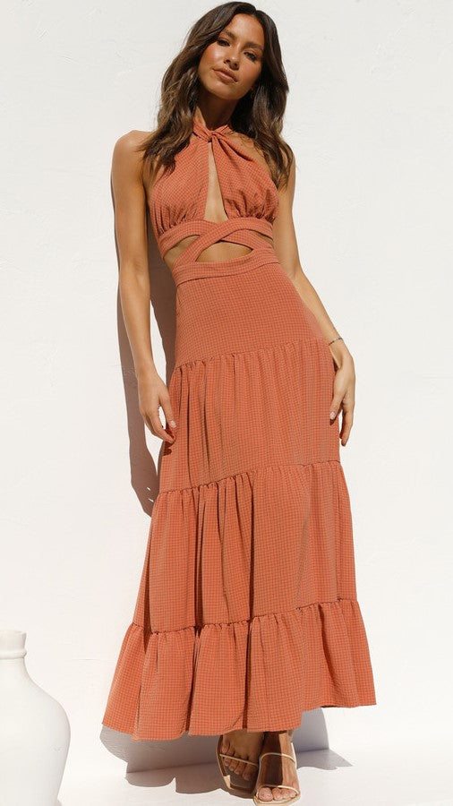 Brown Cutout Halter Midi Dress Gabi Swimwear Brown Cutout Halter Midi Dress Gabi Swimwear