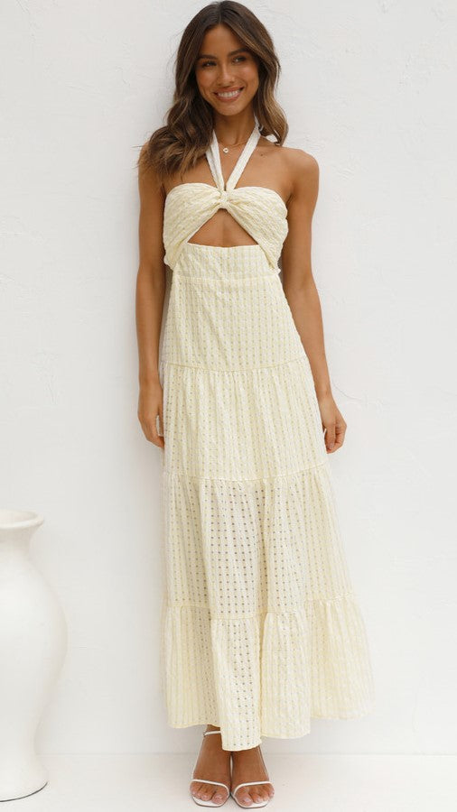 Yellow Textured Crossover Halter Midi Dress Gabi Swimwear Yellow Textured Crossover Halter Midi Dress Gabi Swimwear
