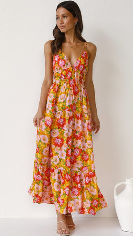 Red Plunging Floral Slip Midi Dress