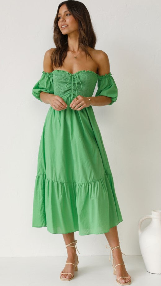 Green Smocked Off Shoulder Midi Dress
