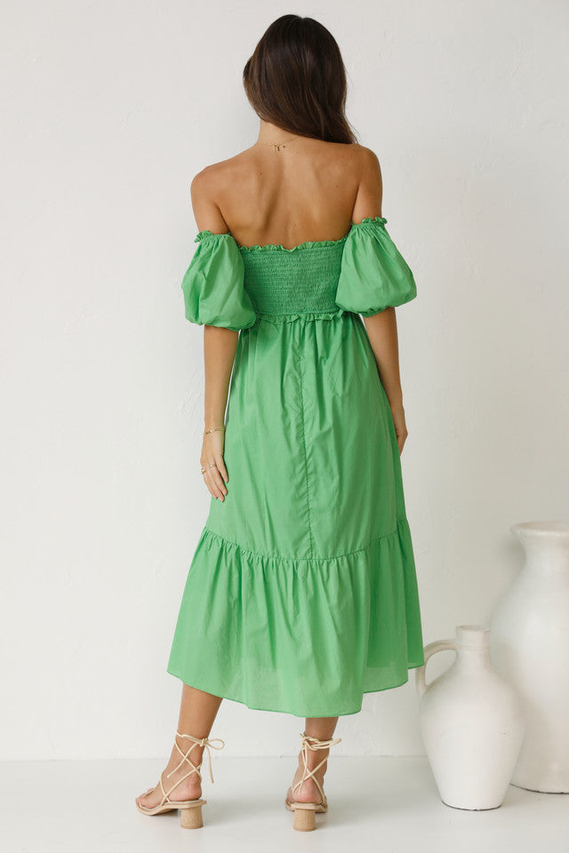 Green Smocked Off Shoulder Midi Dress