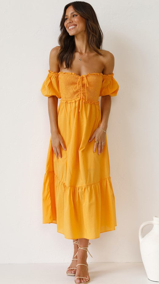 Yellow Smocked Off Shoulder Midi Dress – Gabi Swimwear Yellow Smocked Off Shoulder Midi Dress – Gabi Swimwear