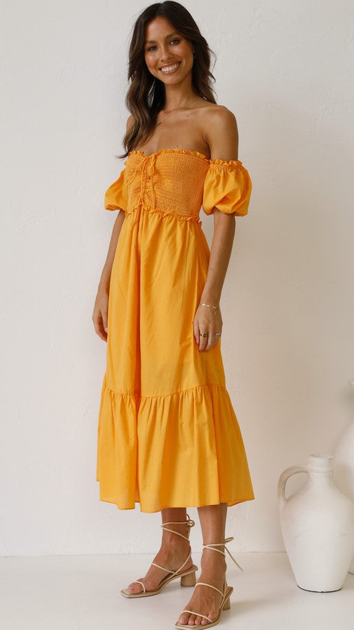 Yellow Smocked Off Shoulder Midi Dress