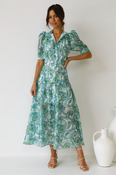 Green Paisley Print Buttoned Midi Dress