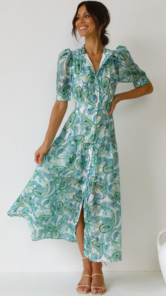 Green Paisley Print Buttoned Midi Dress Gabi Swimwear Green Paisley Print Buttoned Midi Dress Gabi Swimwear