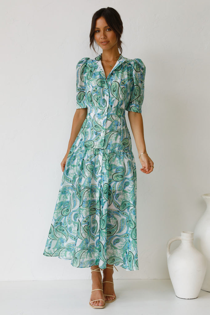 Green Paisley Print Buttoned Midi Dress Gabi Swimwear Green Paisley Print Buttoned Midi Dress Gabi Swimwear