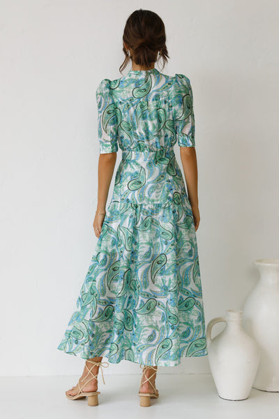 Green Paisley Print Buttoned Midi Dress