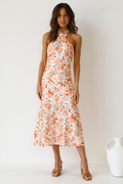 Orange Floral Crossover Midi Dress